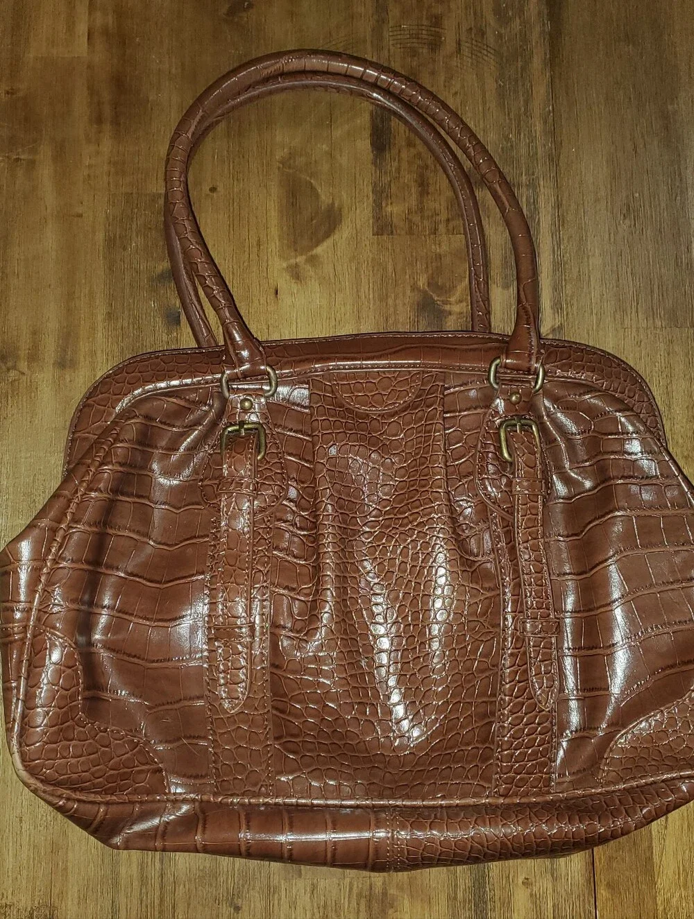 Women's Worthington Belted Satchel Handbag Purse Bag - Faux Croc Cognac Brown